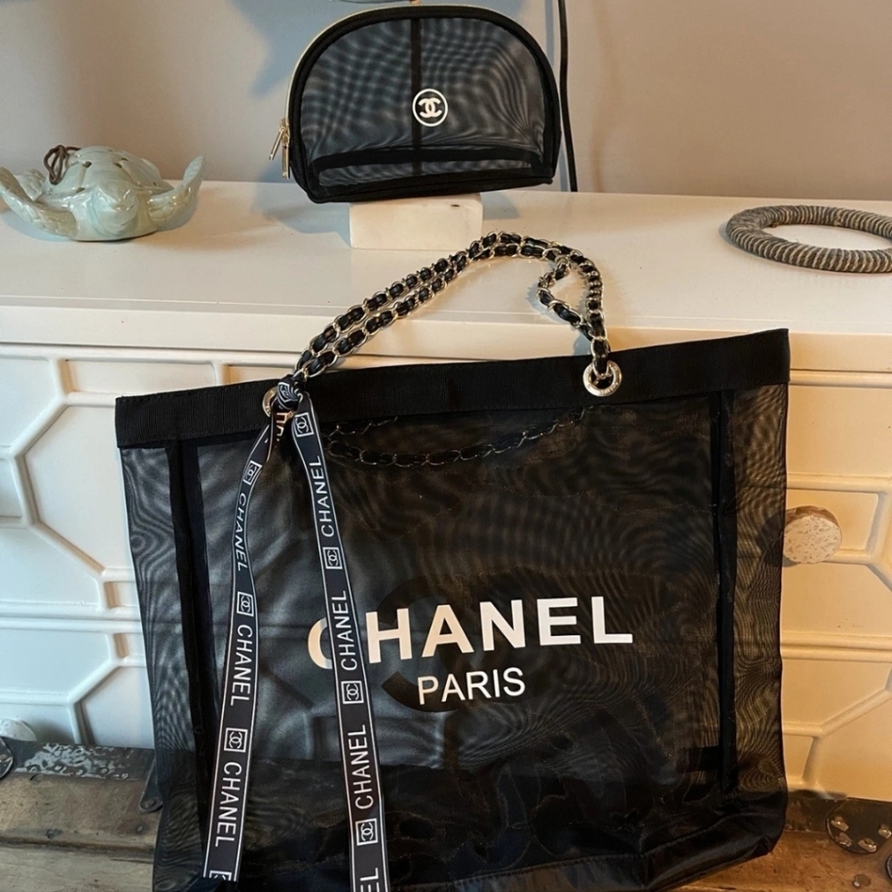 New CC Black Mesh Travel Beach Tote with Chain Strap & Makeup Pouch Set